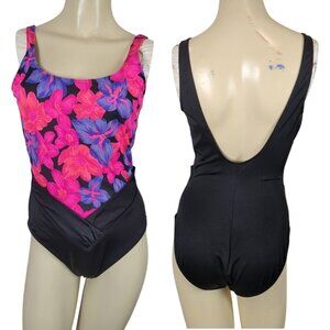 Vintage Secret Solutions one piece Women's Swimsuit pink purple‎ floral black 12